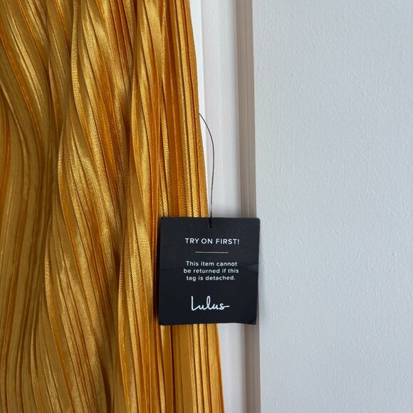 Lulus Whimsical Beauty Golden Yellow Satin Plisse Strapless Maxi Dress - Picture 4 of 4